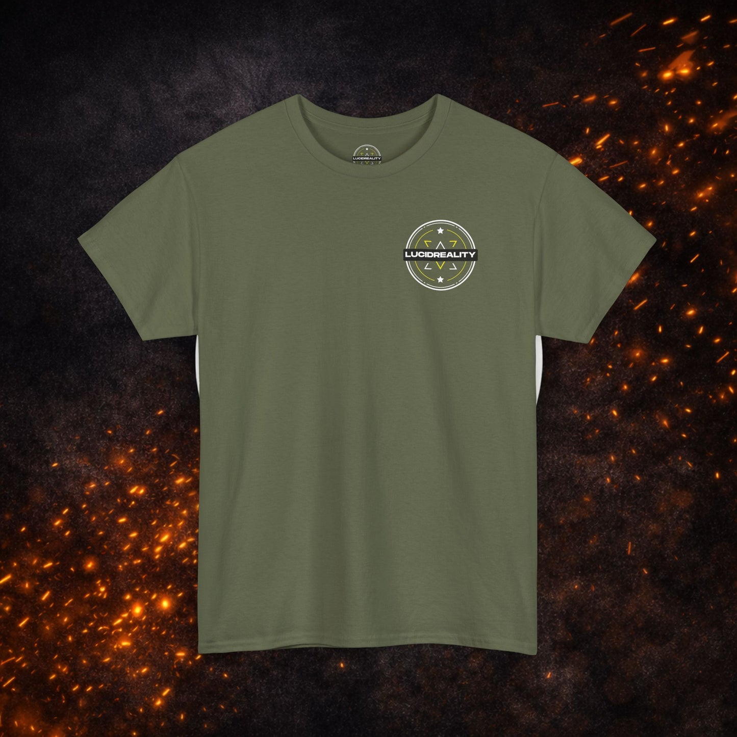 Front view of the military green Lucid Reality Tee with small circular logo on the chest.
