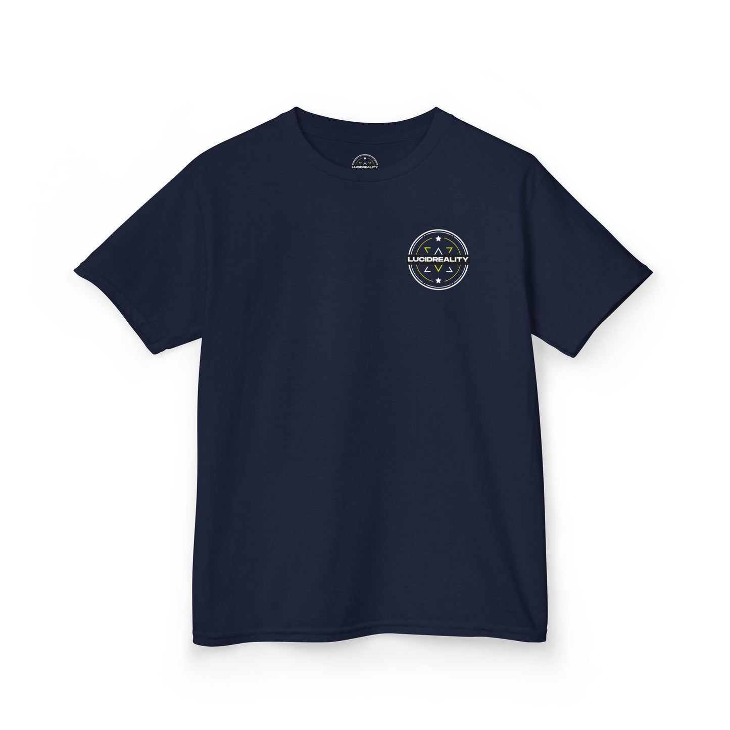 Navy Lightning Bolt Kids Tee, front circular logo, flat lay