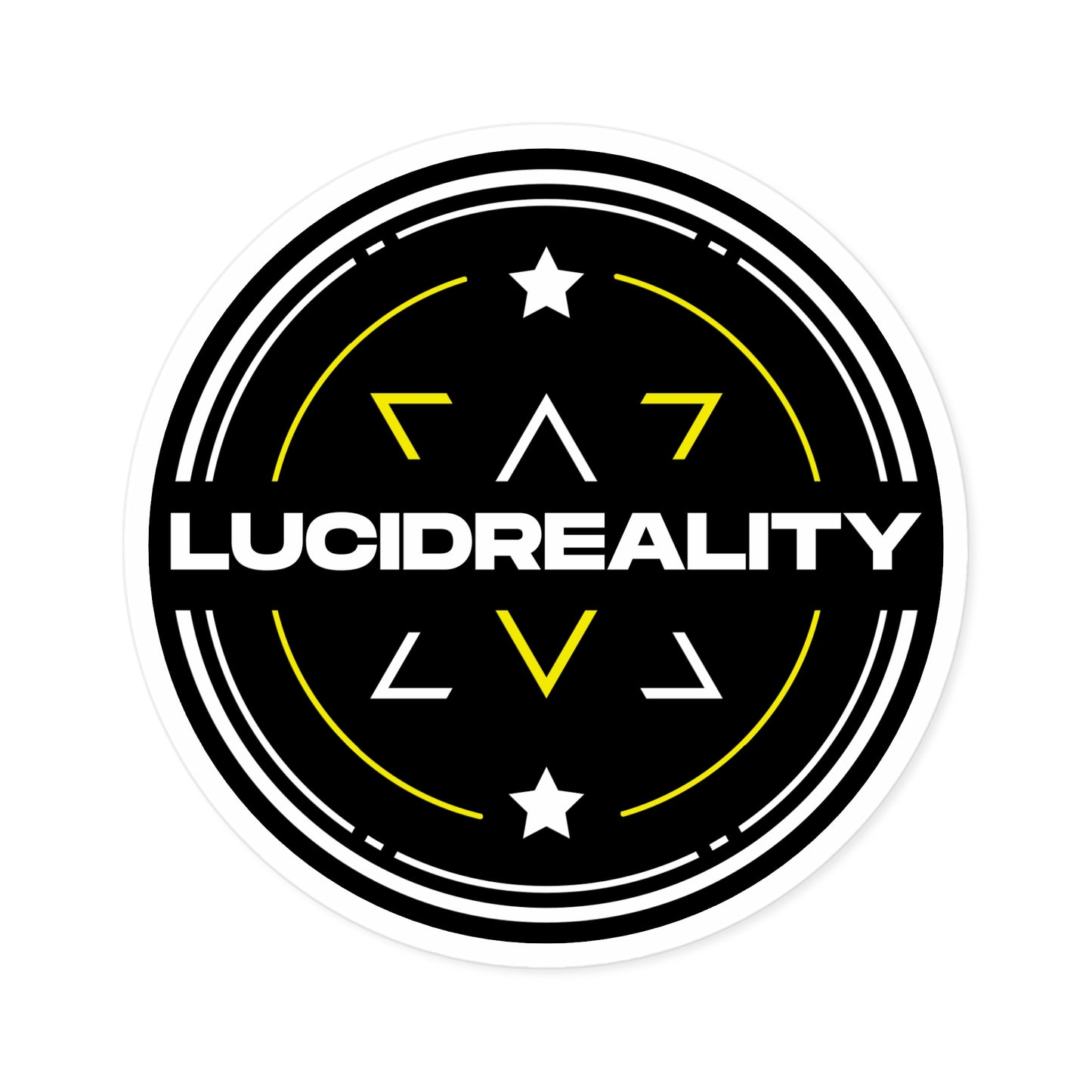 Front view of the round black Lucid Reality logo sticker with white text and shield design.