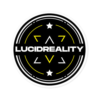 Front view of the round black Lucid Reality logo sticker with white text and shield design.