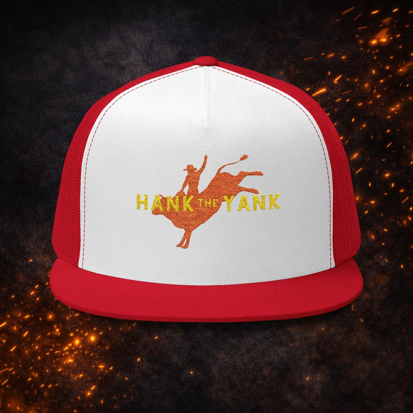 Lucid Reality x Hank The Yank Longhorn Trucker Cap in red and white, featuring the signature red longhorn bull rider design.