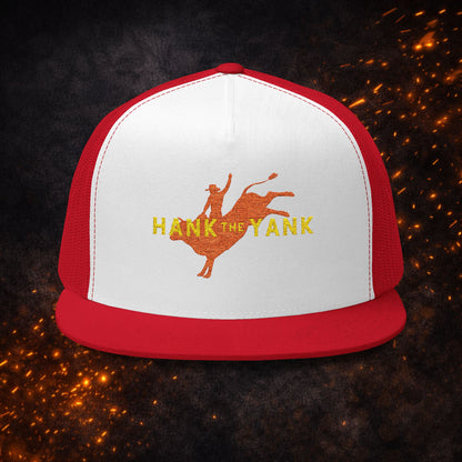 Lucid Reality x Hank The Yank Longhorn Trucker Cap in red and white, featuring the signature red longhorn bull rider design.