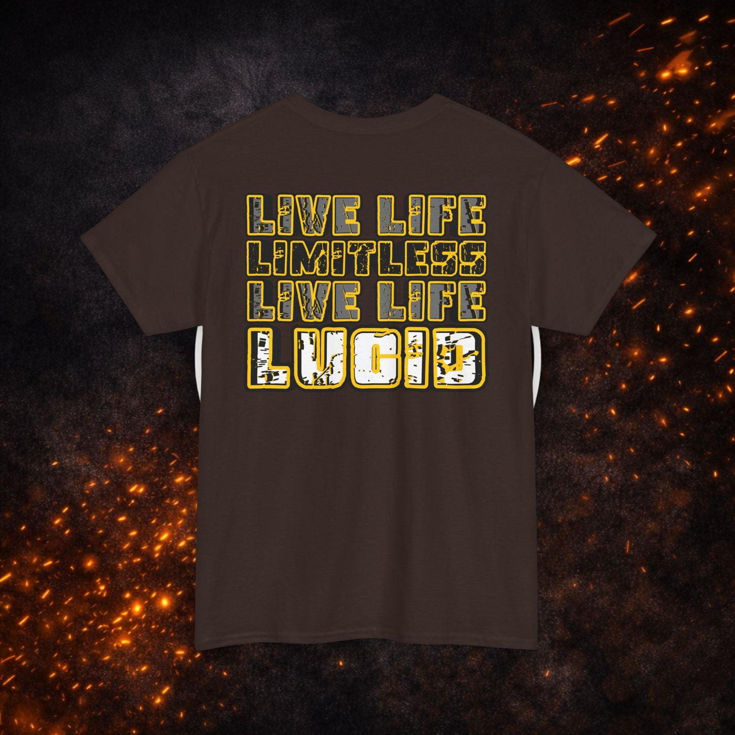 Back view of the brown "Live Life Limitless Live Life Lucid" Tee with gold text design.