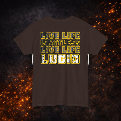 Back view of the brown "Live Life Limitless Live Life Lucid" Tee with gold text design.