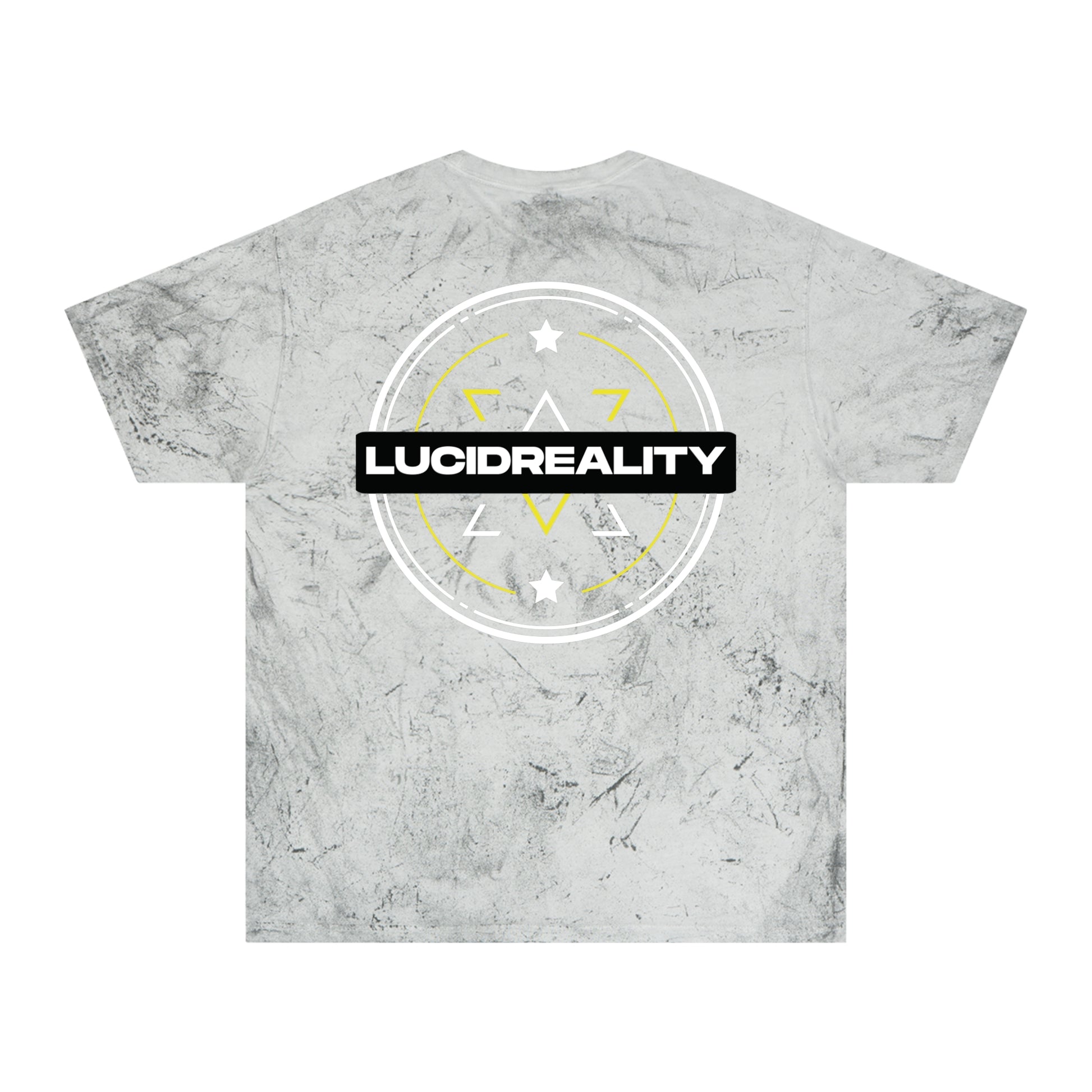 Smoke Color Blast tee, marbled grey, front Lucid Reality emblem, flat