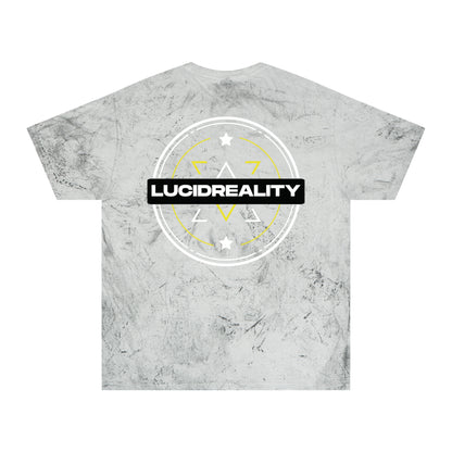 Smoke Color Blast tee, marbled grey, front Lucid Reality emblem, flat