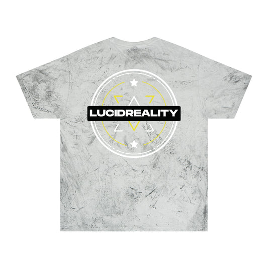 Smoke Color Blast tee, marbled grey, front Lucid Reality emblem, flat
