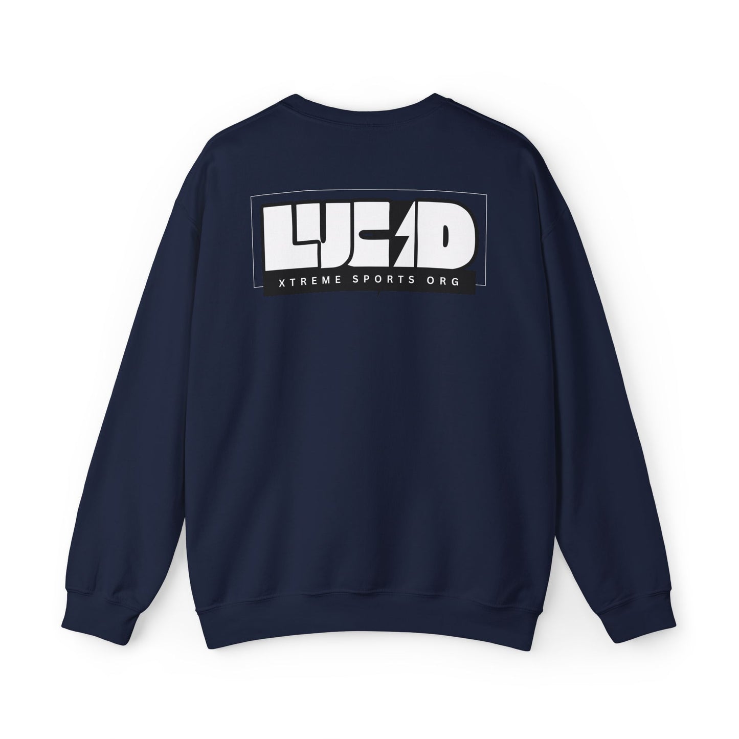 
Back view of the navy Lightning Bolt Crewneck Sweatshirt featuring the white LUCID design with lightning bolt detail.