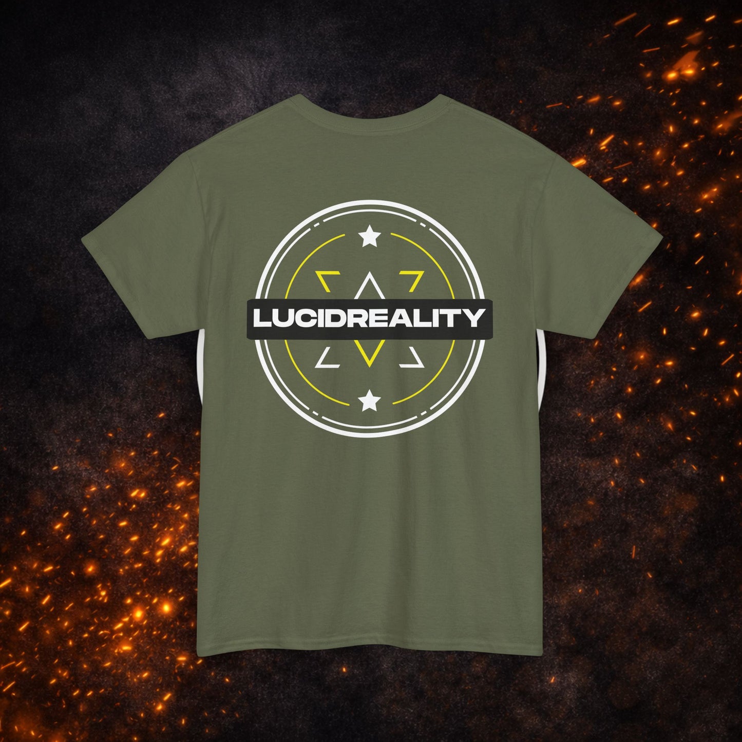 Back view of the military green Logo Tee featuring the "LUCID REALITY" circular shield graphic.