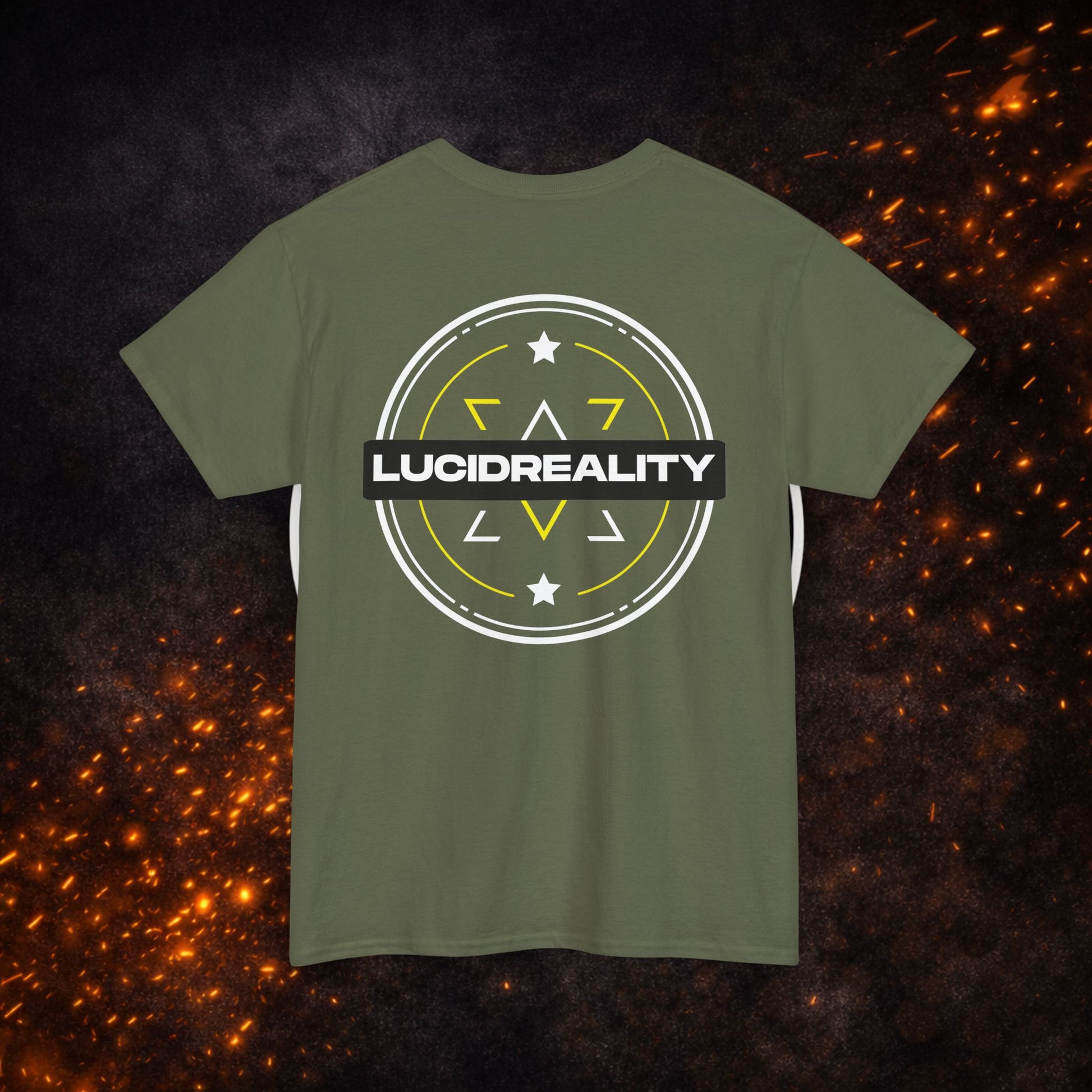 Back view of the military green Logo Tee featuring the "LUCID REALITY" circular shield graphic.