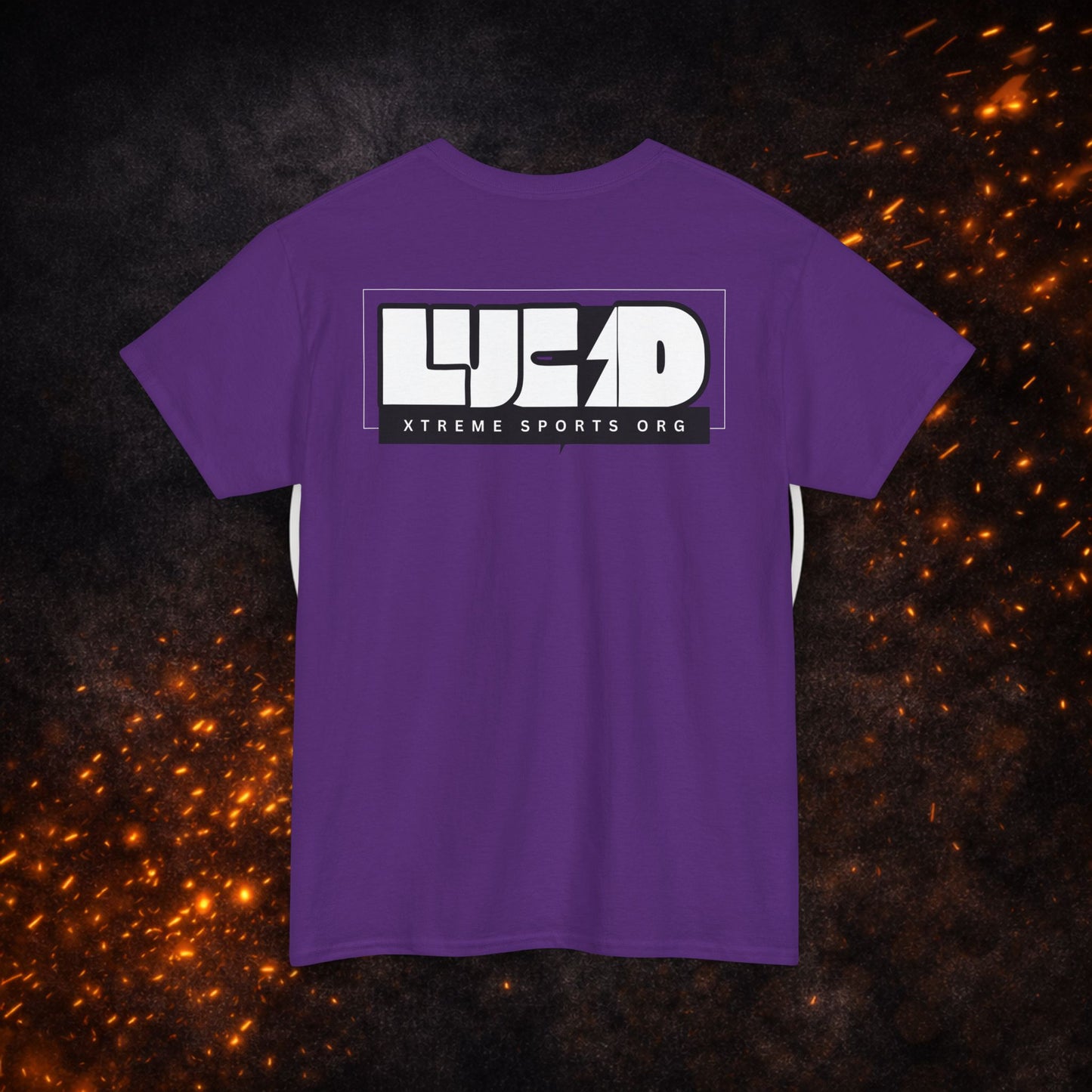 Back view of the purple Lightning Bolt Tee with white "LUCID" lightning bolt design.