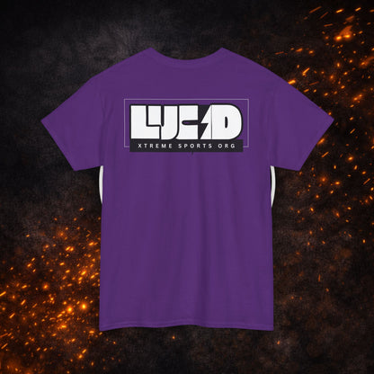 Back view of the purple Lightning Bolt Tee with white "LUCID" lightning bolt design.