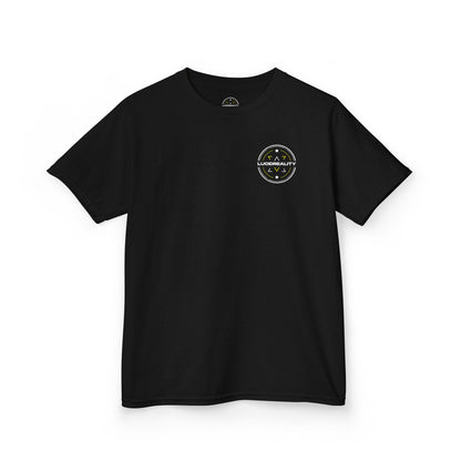 Black Pro Stock Racing Kids Tee, front Lucid Reality logo, flat lay