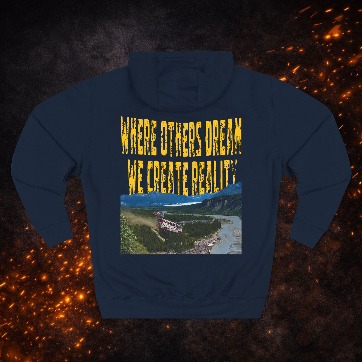 
Back view of the navy blue "Where Others Dream We Create Reality" Fleece Pullover Hoodie with scenic graphic.