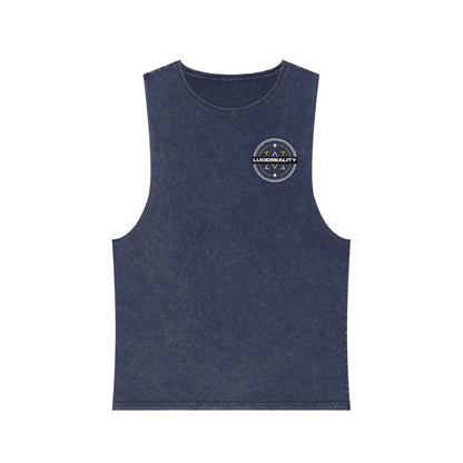 Blue Stone Lucid Reality stonewash tank, front emblem, flat