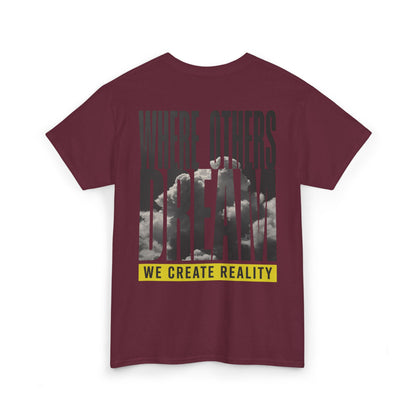 Purple Where Others Dream Tee, back Where Others Dream We Create Reality graphic, flat lay