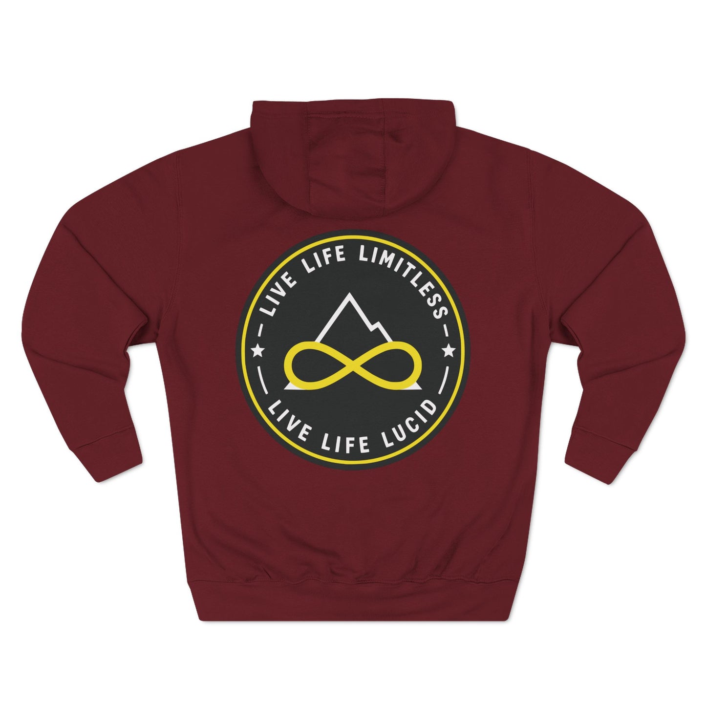 Back of the burgundy Live Life Limitless Fleece Pullover Hoodie with the gold mountain-and-infinity badge.