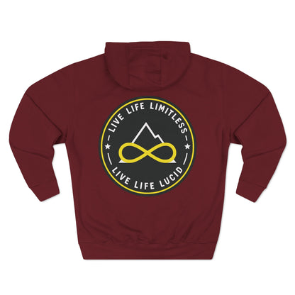 Back of the burgundy Live Life Limitless Fleece Pullover Hoodie with the gold mountain-and-infinity badge.