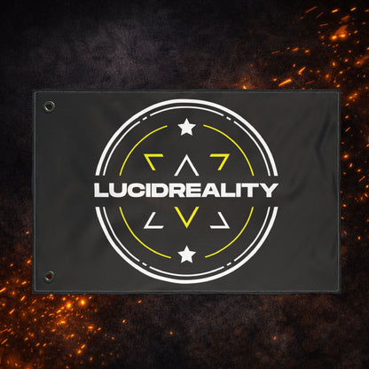 Close-up of the Lucid Reality logo on black fabric with a dark orange textured background, showing the white circular shield design with "LUCID REALITY" text.