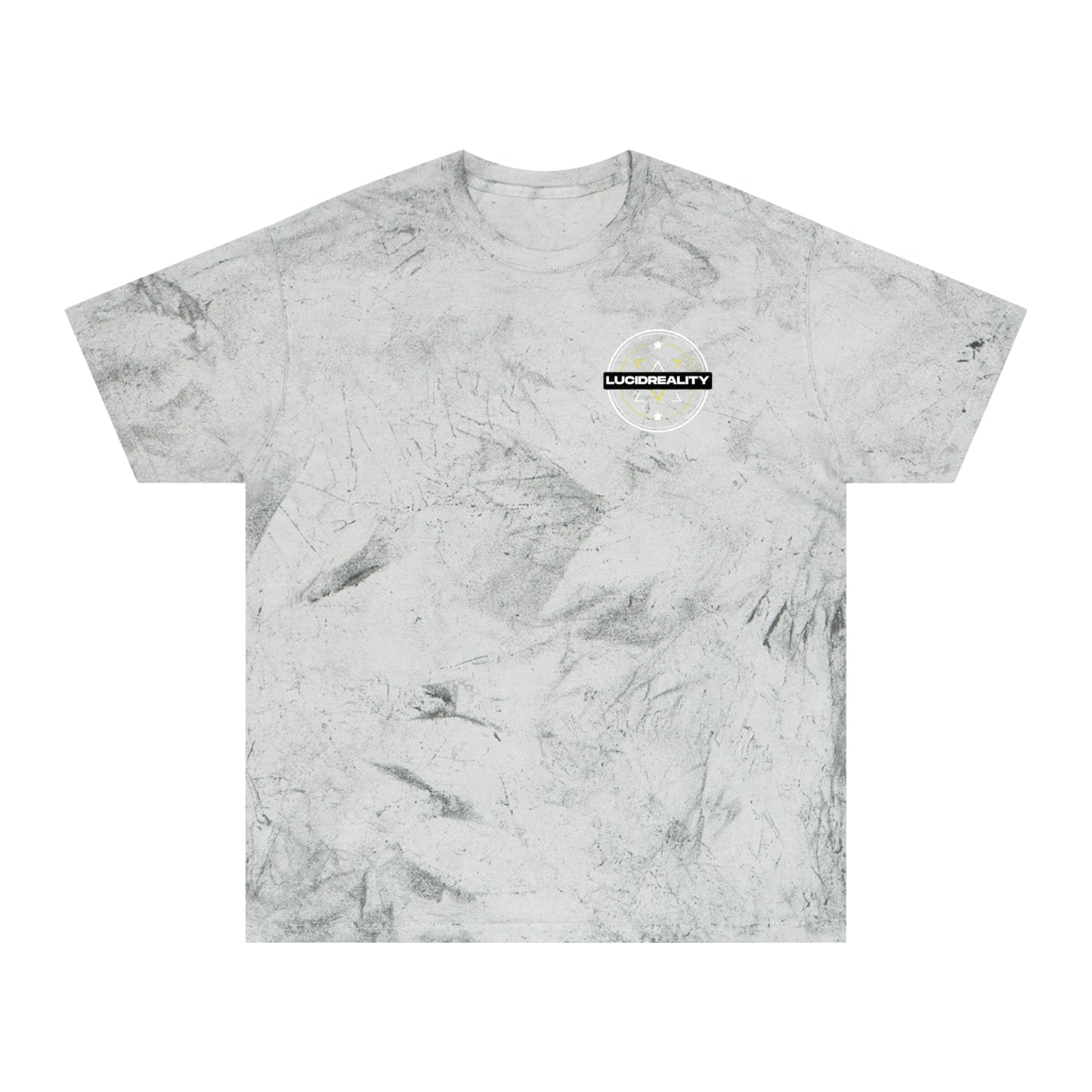 Smoke Color Blast tee, marbled grey, front Lucid Reality emblem, flat