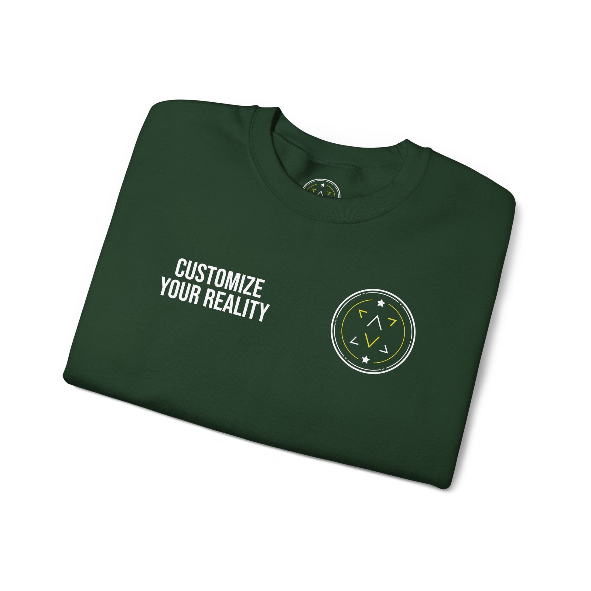 Forest green custom Lucid Reality crewneck, folded, front emblem detail