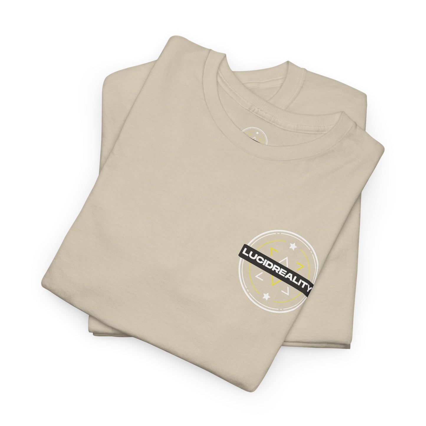 Sand Logo Tee, front Lucid Reality logo, flat lay