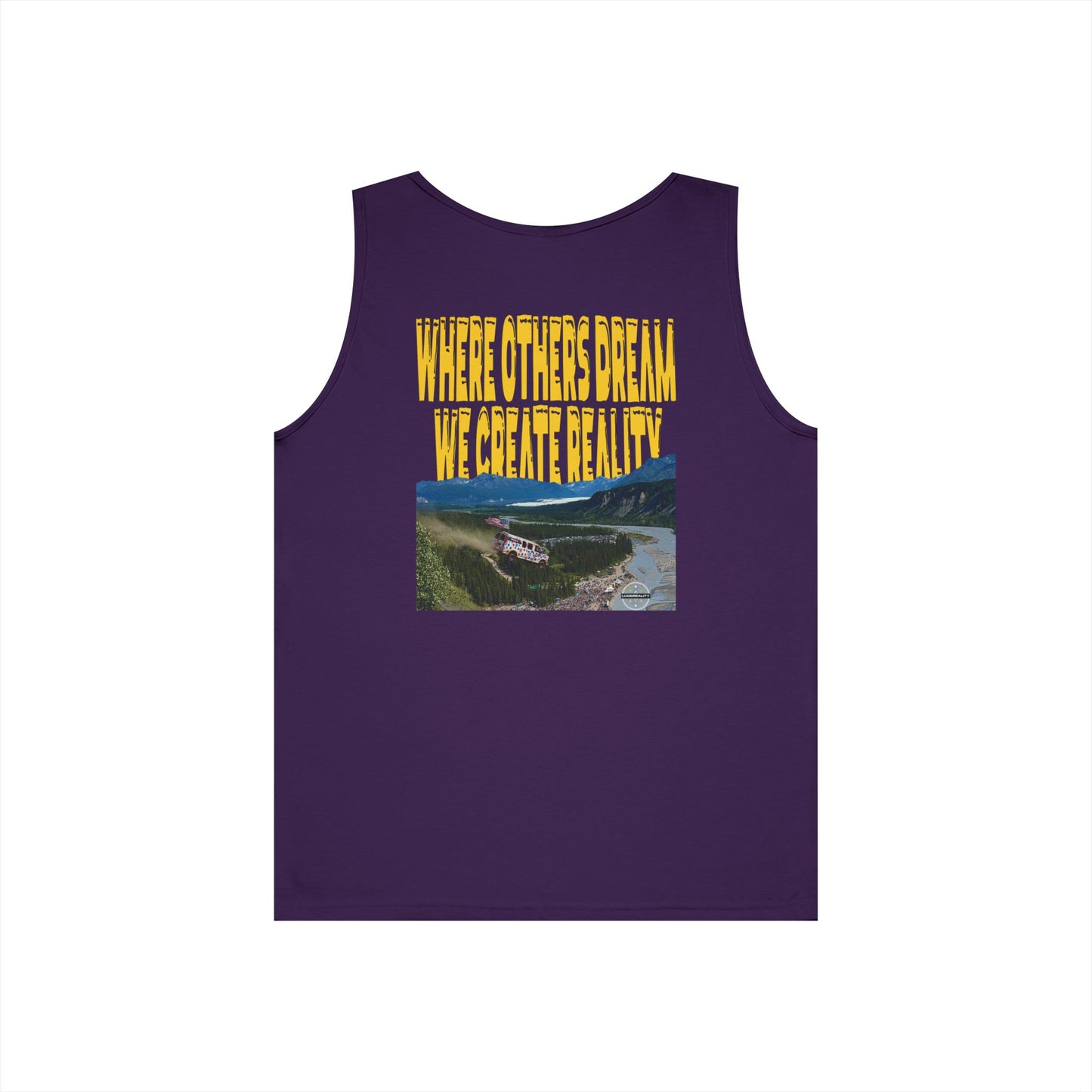Purple Where Others Dream tank, WHERE OTHERS DREAM WE CREATE REALITY back graphic, flat lay