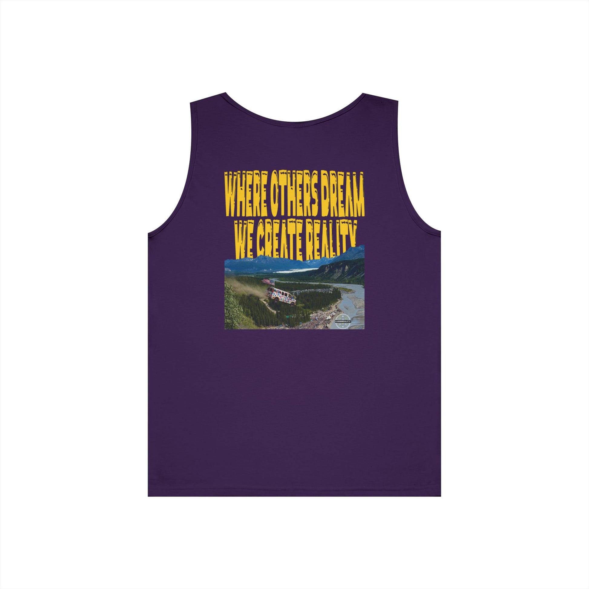 Purple Where Others Dream tank, WHERE OTHERS DREAM WE CREATE REALITY back graphic, flat lay