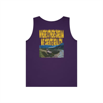 Purple Where Others Dream tank, WHERE OTHERS DREAM WE CREATE REALITY back graphic, flat lay