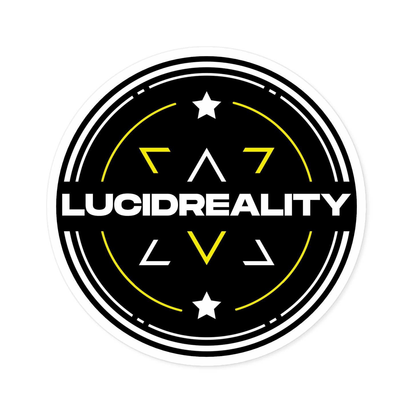 Product shot of the circular Lucid Reality logo sticker featuring the black shield design.