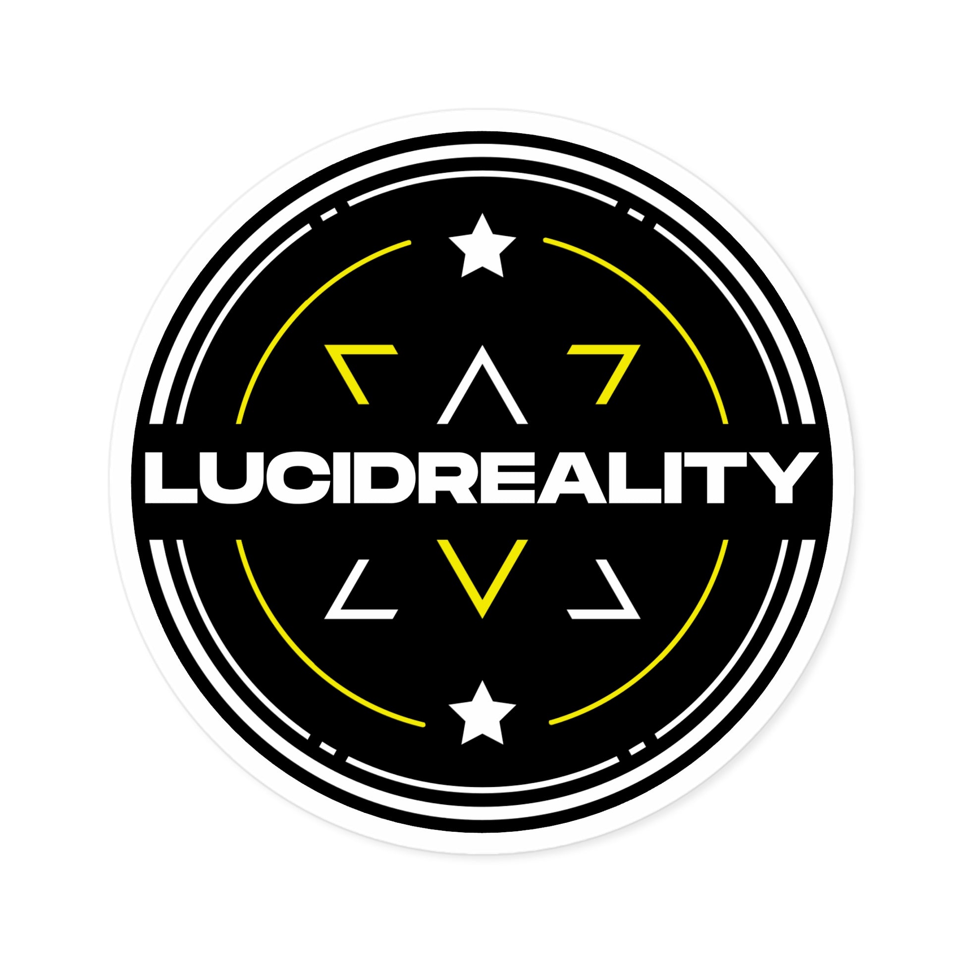 Product shot of the circular Lucid Reality logo sticker featuring the black shield design.