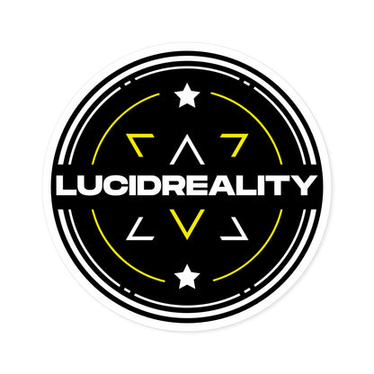 Product shot of the circular Lucid Reality logo sticker featuring the black shield design.