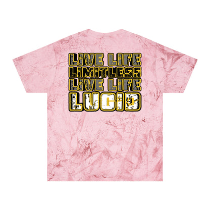 Clay Color Blast tee, marbled rust, Live Life Limitless back graphic, flat