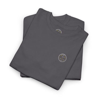 Lifestyle photo of the Lucid Reality Minimalist Embroidered Logo Tee – White & Gold