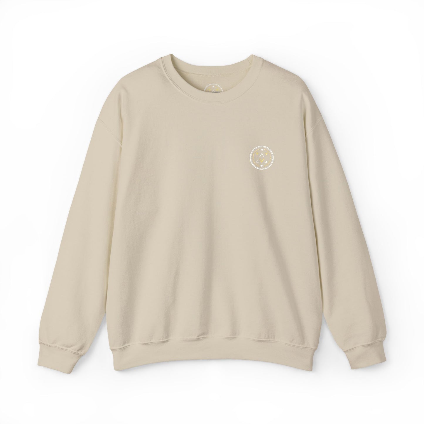 Front product mockup of the Lucid Reality Minimalist Embroidered Logo Crewneck – White & Gold