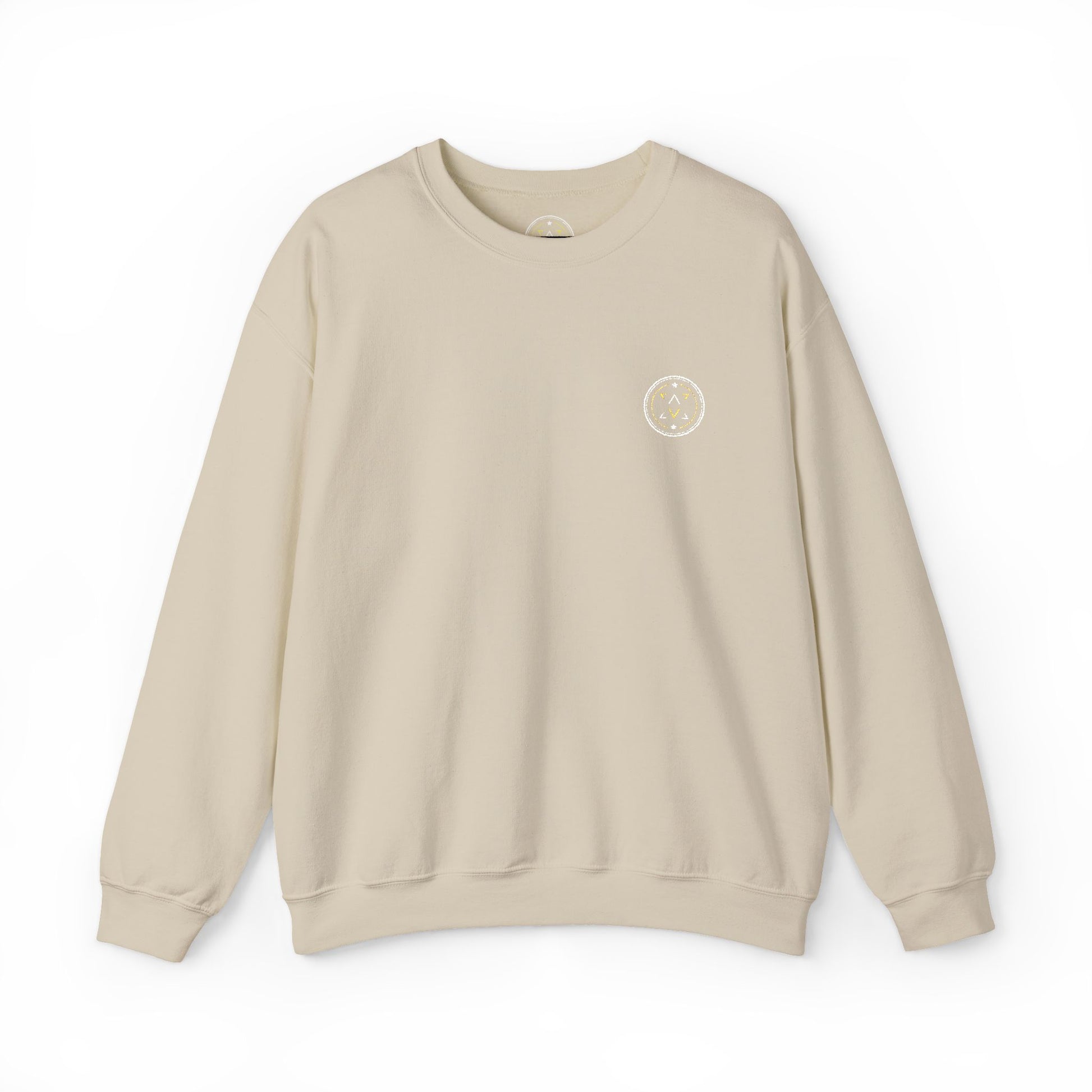 Front product mockup of the Lucid Reality Minimalist Embroidered Logo Crewneck – White & Gold