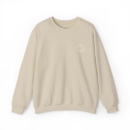 Front product mockup of the Lucid Reality Minimalist Embroidered Logo Crewneck – White & Gold