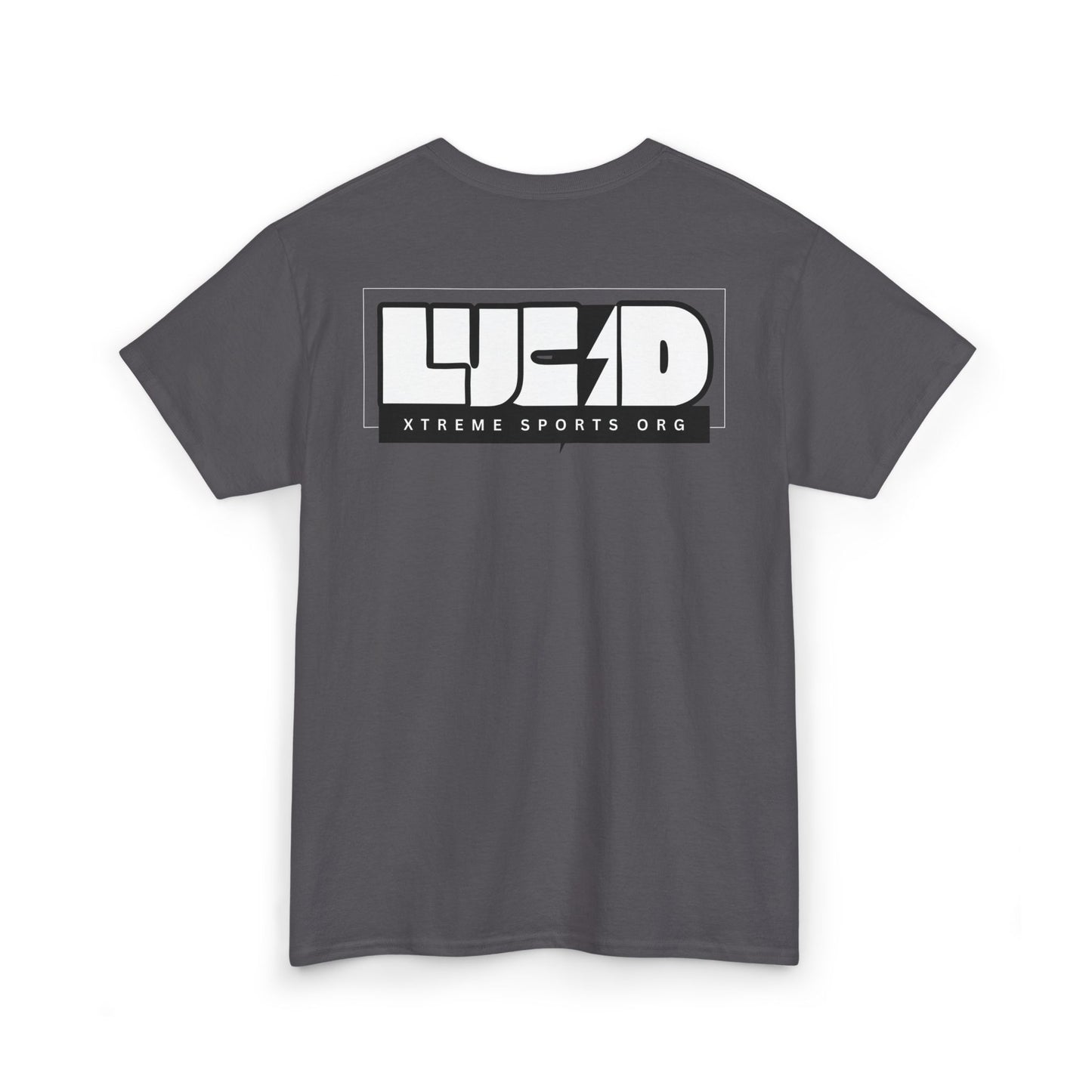Back view of the charcoal Lightning Bolt Tee featuring the white LUCID design with lightning bolt detail.