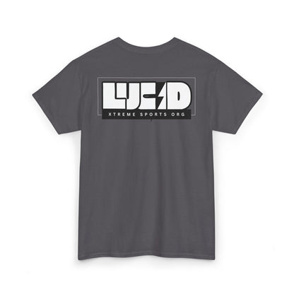 Back view of the charcoal Lightning Bolt Tee featuring the white LUCID design with lightning bolt detail.