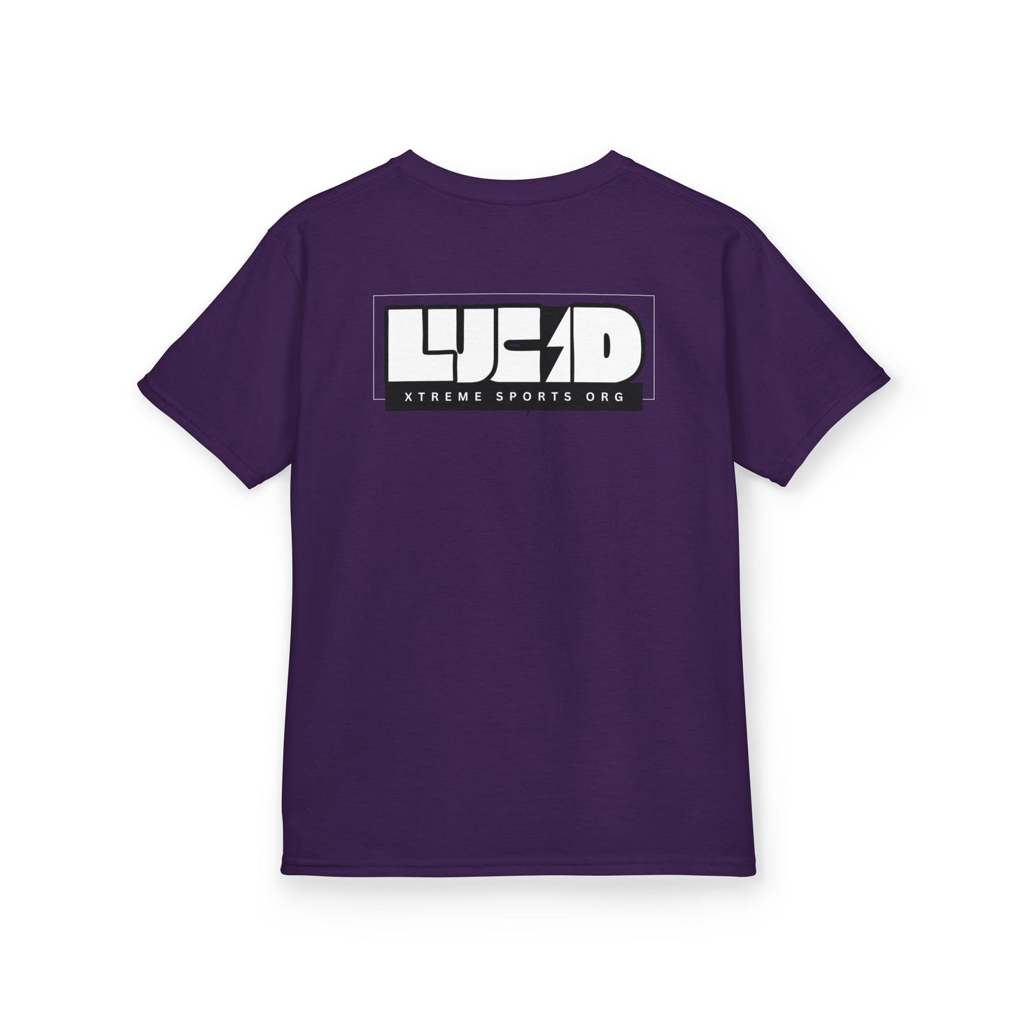 Purple Lightning Bolt Kids Tee, back LUCID lightning bolt design, flat lay