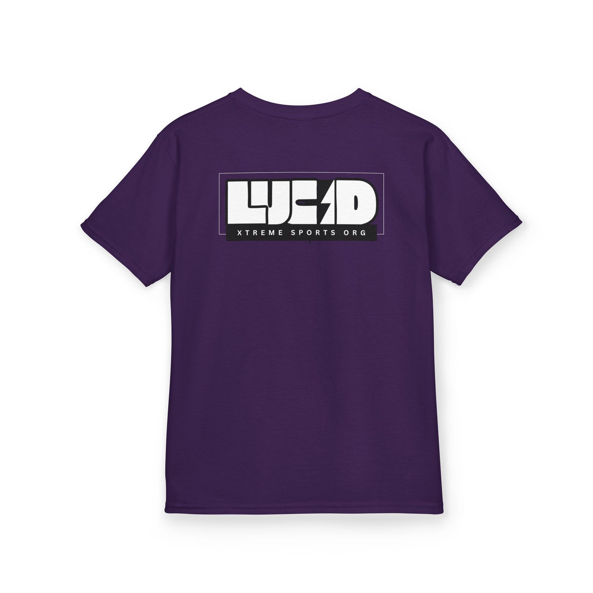 Purple Lightning Bolt Kids Tee, back LUCID lightning bolt design, flat lay