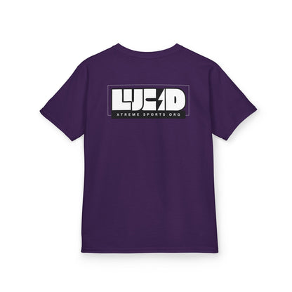 Purple Lightning Bolt Kids Tee, back LUCID lightning bolt design, flat lay