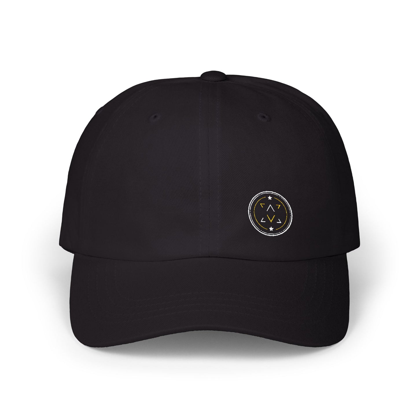 Lucid Reality embroidered dad hat, front view with the circular logo stitched on the crown.