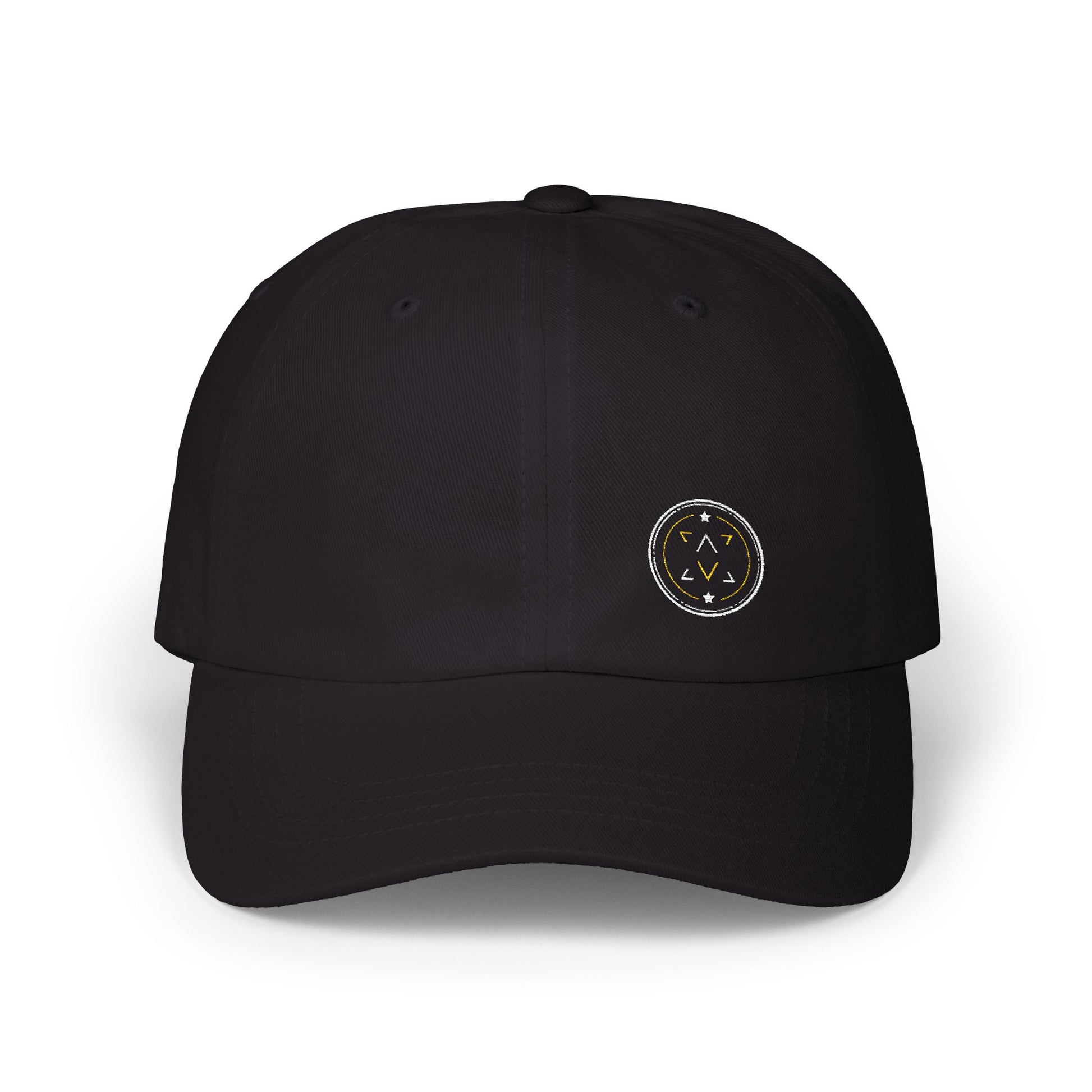 Lucid Reality embroidered dad hat, front view with the circular logo stitched on the crown.