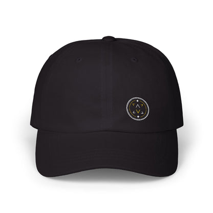 Lucid Reality embroidered dad hat, front view with the circular logo stitched on the crown.