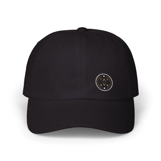 Lucid Reality embroidered dad hat, front view with the circular logo stitched on the crown.