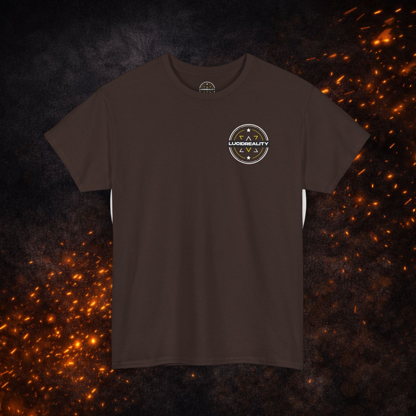 Front view of the brown Lucid Reality Tee with small circular logo on the chest.