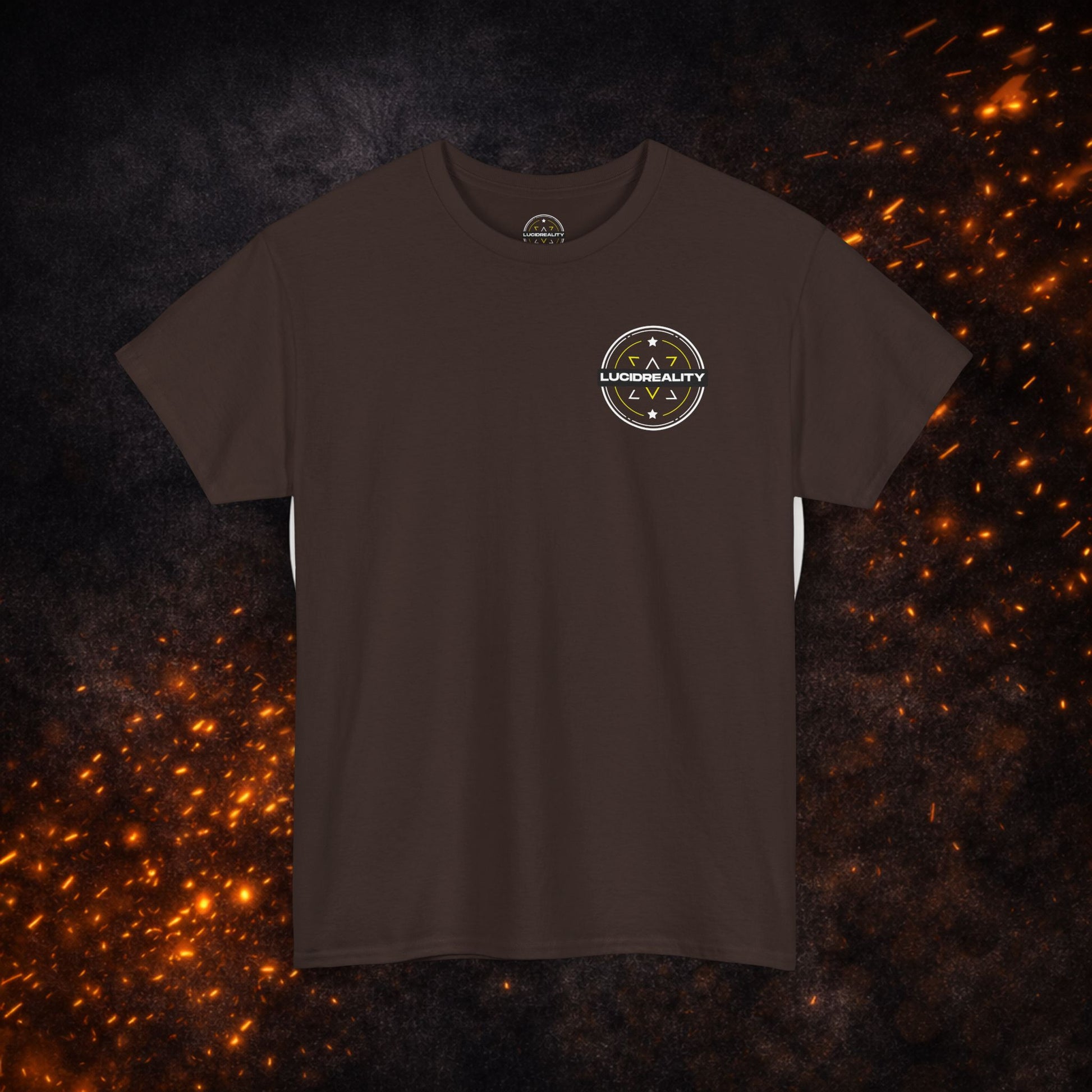 Front view of the brown Lucid Reality Tee with small circular logo on the chest.