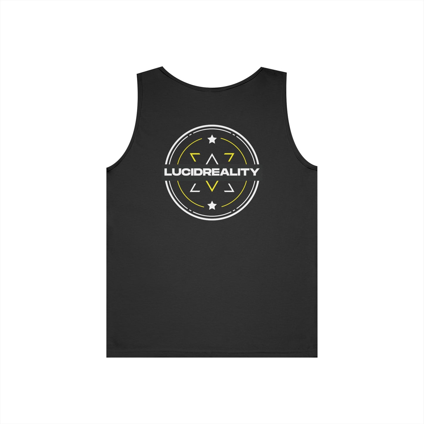 Black Lucid Reality Emblem tank, front Lucid Reality logo, flat lay