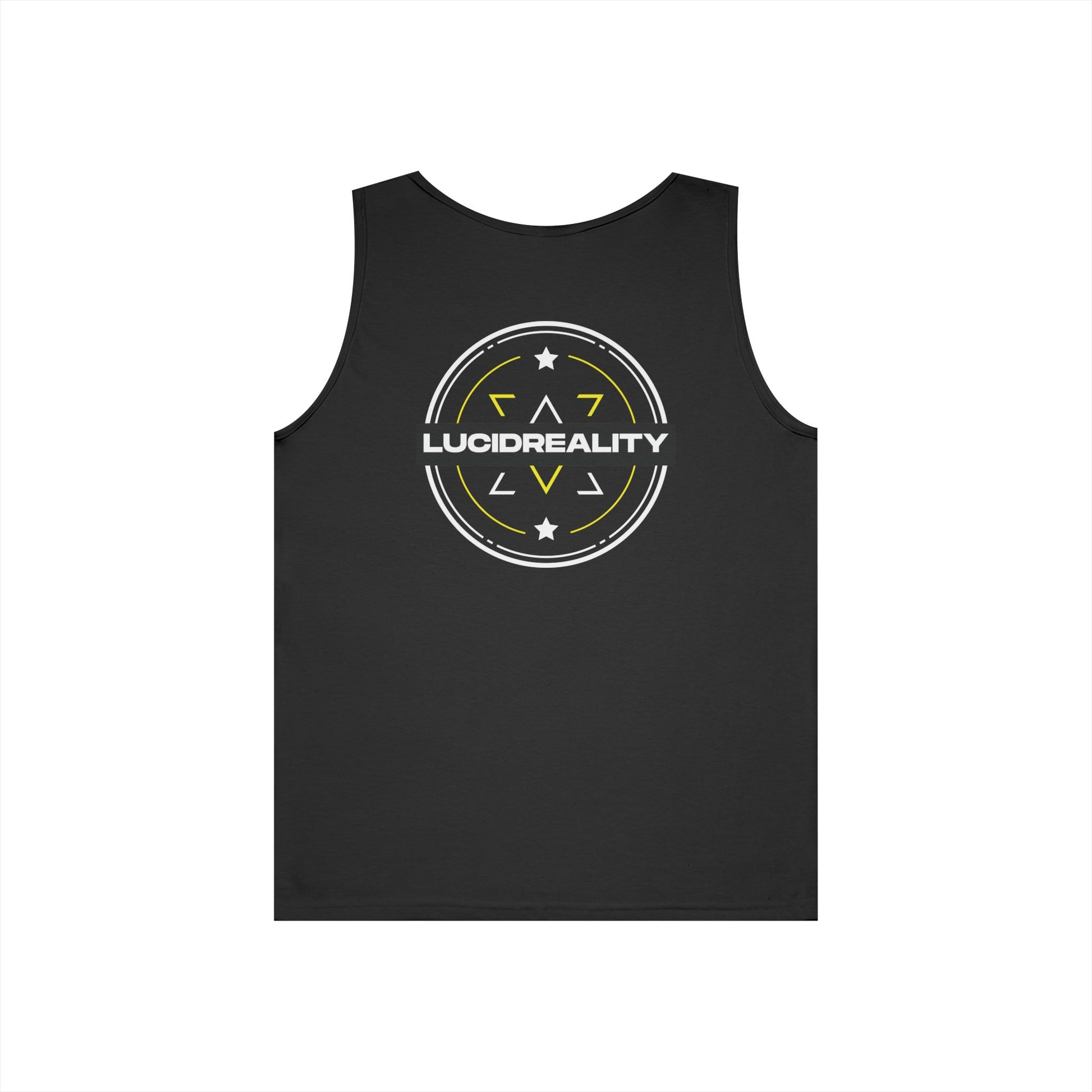 Black Lucid Reality Emblem tank, front Lucid Reality logo, flat lay